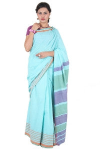 Green & Blue Handloom Cotton Saree With Orange Stripe