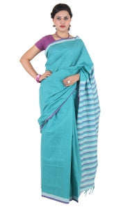 Blue Green Handloom Cotton Saree With Stripes