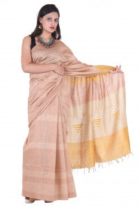 Bhagalpur Silk Grey Saree With Stripe Motif