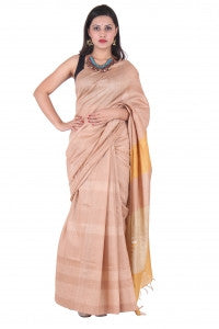 Bhagalpur Silk Grey Saree With Stripe Motif