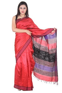 Blue Red Bhagalpur Silk Saree With Stripe